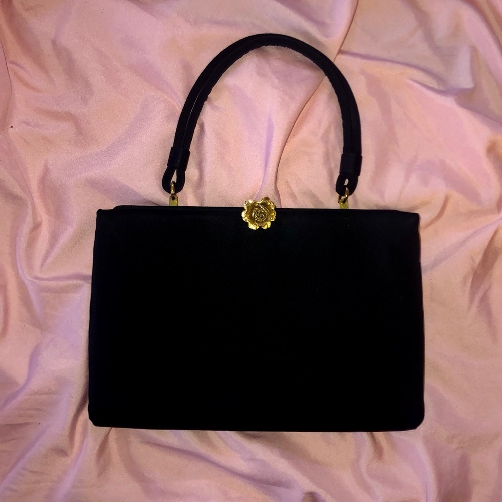 Vintage Ingber black satin handbag with rose clasp